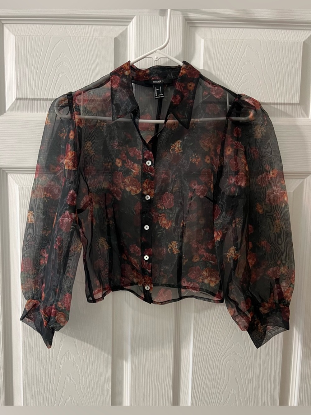 Sheer Floral Button-Front Blouse